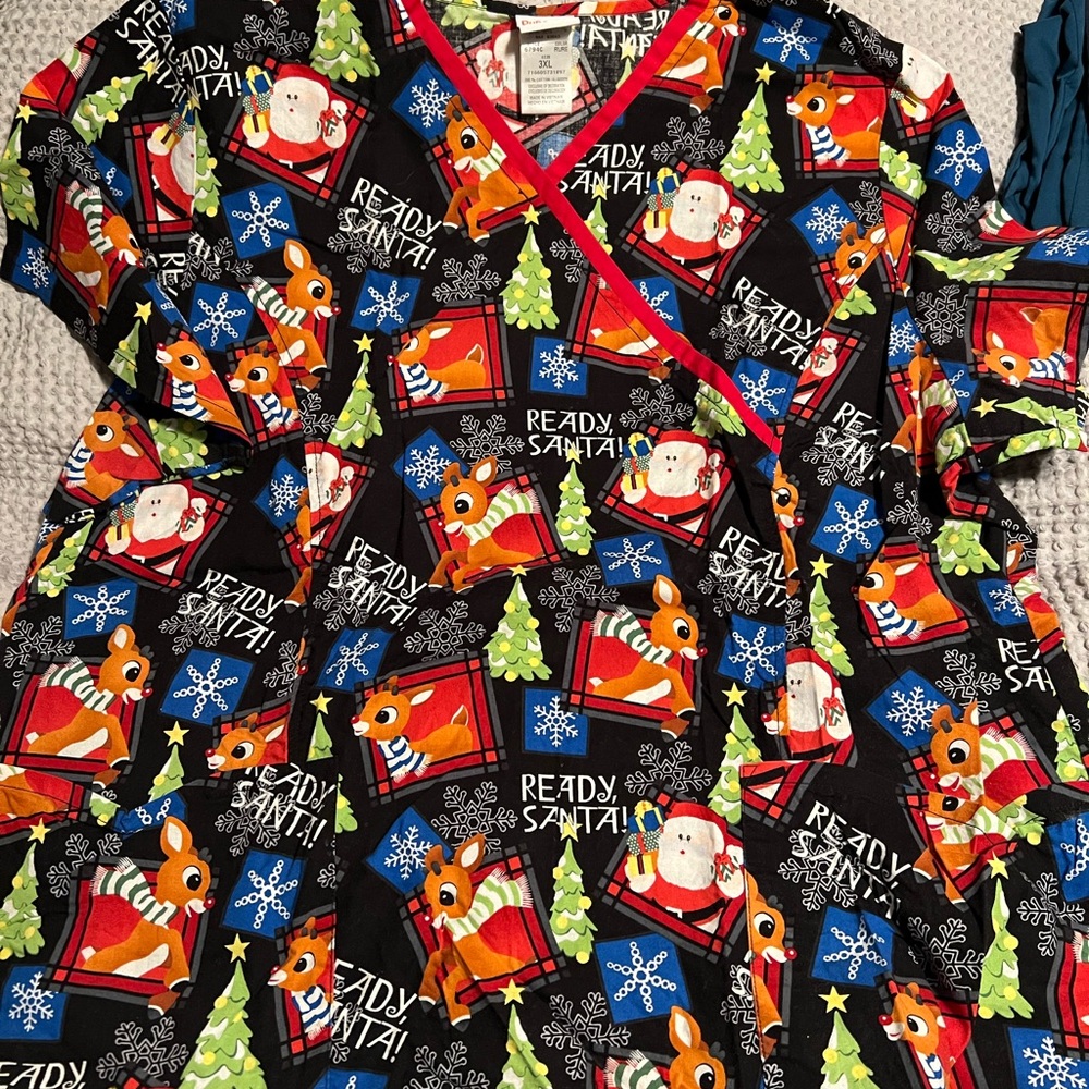 Rudolph and Santa scrub top